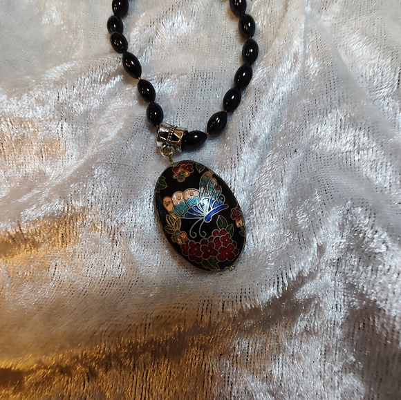 Cloisonne Puffy Black Puffy Oval With Flower & Butterfly On Beaded Black Chain - Picture 6 of 6